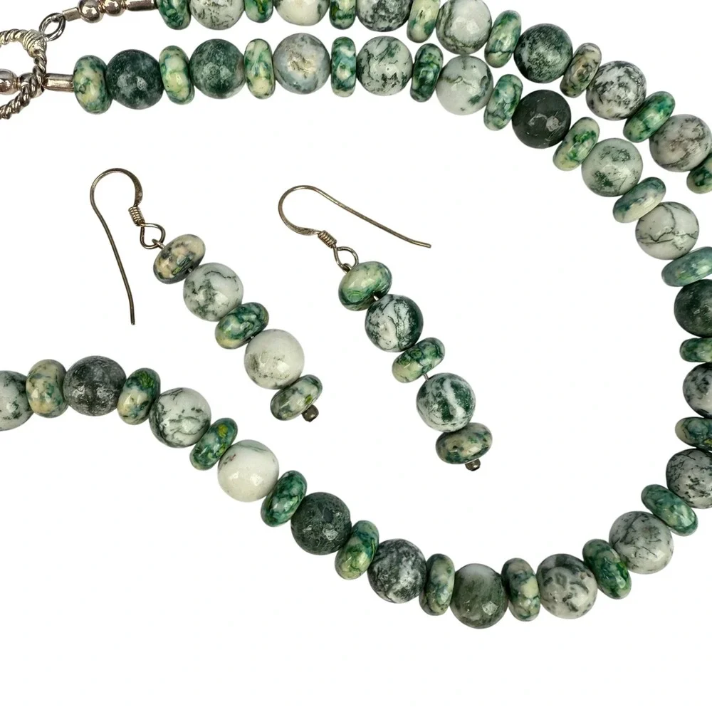 Artisan Sterling 925 Amazonite Pendant Tree Agate Necklace‎ Mother Pearl Set